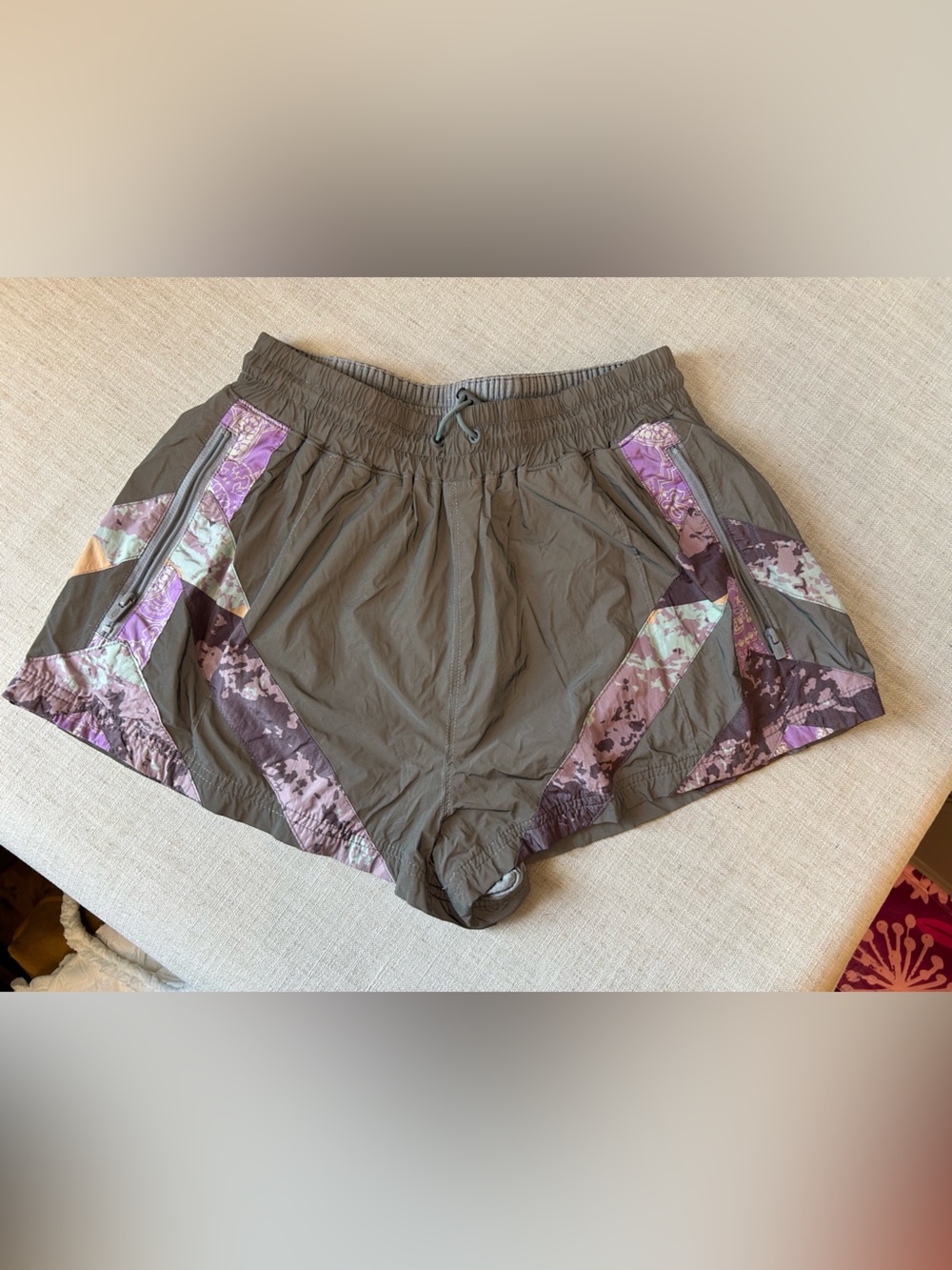 Free People Olive Green Athletic Shorts with Purple Accents